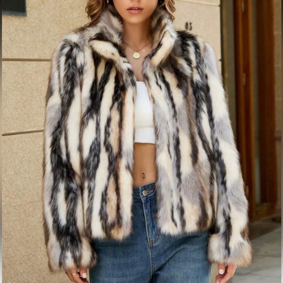 SALE ❤️ Luxury old money faux fur coat variegated spotted jacket brown tan - Picture 5 of 7